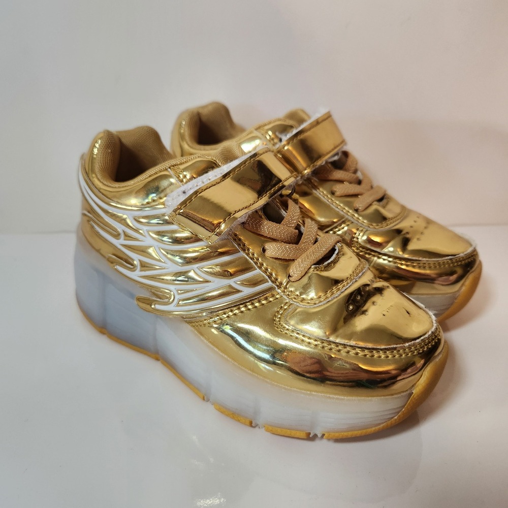 Kids Gold Metallic Winged LED Light Up Roller Shoes‎ Sneakers EUR 28 XB7
